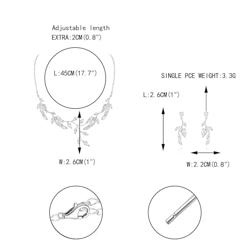 Cubic Zirconia Leaf Vine Wedding Jewelry Set for Bride Women Bridesmaid | Pear-Shaped Birthstone, Necklace Dangle Earrings for Bridesmaid, Silver-Plated-Brass - color: 2pcs_White Silver-Plated-Brass