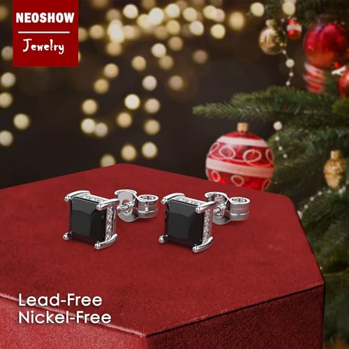 Princess Cut Cubic Zirconia Stud Earrings for Men Women | Square CZ Simulated Diamond Studs, 18K White Gold Plated Sterling Silver, Hypoallergenic - color: Black, size: 5MM