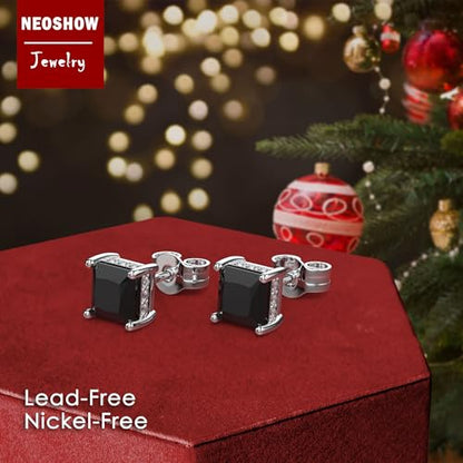Princess Cut Cubic Zirconia Stud Earrings for Men Women | Square CZ Simulated Diamond Studs, 18K White Gold Plated Sterling Silver, Hypoallergenic - color: Black, size: 5MM
