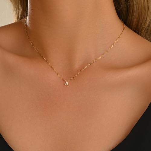 Small Letter Necklace for Women 18K Gold Plated Cubic Zirconia Tiny Initial Necklace Dainty Personalized Name Necklaces - color: A-Gold