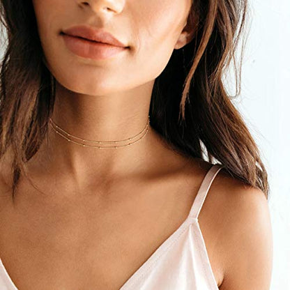 MEVECCO Dainty Choker Necklaces for Women, Beaded and Multi-Row Chains | 14K Gold Plated Brass, Select Silver Plated Brass Options, Polished And Textured Profiles For Everyday Styling - style: Two Layered Bead Chain GD