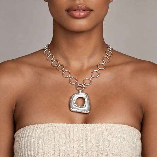 Sora Tuki Gold Chunky Necklace for Women Trendy Big Silver Statement Necklace Large Heart Hollow Square Necklaces Bold Thick Chain OT Toggle Necklaces Boho Chunky Jewelry - color: Style 2 - Silver-Square