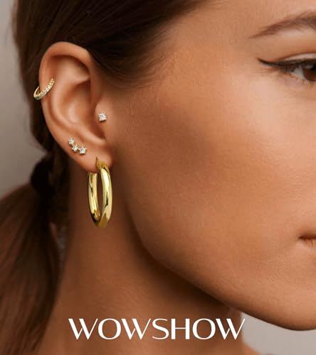 wowshow Gold Hoop Earrings for Women Chunky Hoops 14K Gold Plated Thick Hollow Tube Lightweight Earrings for Mother Birthday Gifts 20/25/30/40/50MM - color: Gold-30mm+8mm+stud