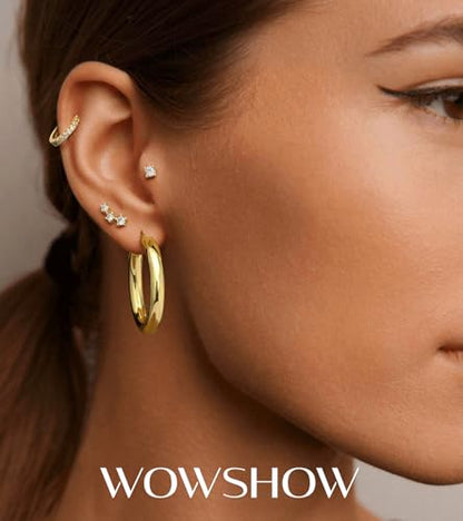 Gold Hoop Earrings for Women Chunky Hoops 14K Gold Plated Thick Hollow Tube Lightweight Earrings for Mother Birthday Gifts 20/25/30/40/50MM - color: Gold-30mm+8mm+stud