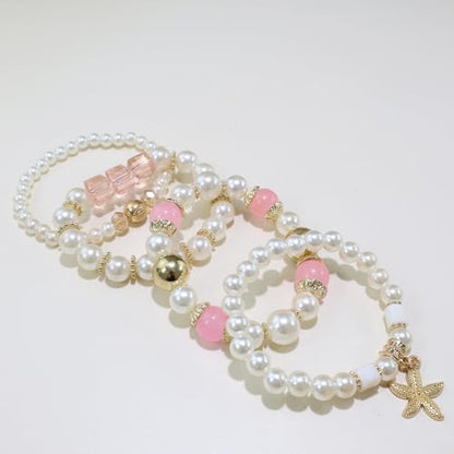 Bohemian Pearl Bracelet Set, 4 Piece Elastic Stretch Beaded Wrist Chain with Starfish Pendant, Boho Faux Pearl Multi-Color Stackable Bracelets for Women - color: Pink