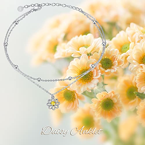 POPLYKE 925 Sterling Silver Double Layered Chain Evil Eye Daisy Sunflower Butterfly Anklets for Women Holiday Beach Crystal Ankle Bracelet Dainty Evil Eye Jewelry - style: Daisy Anklet