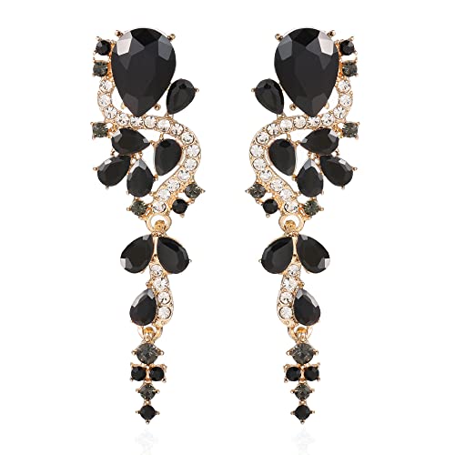 Fashion Rhinestone Statement Drop Dangle Earrings Long Colorful Crystal Bridal Wedding Teardrop Chandelier Earrings for Women Prom Pageant - color: Black