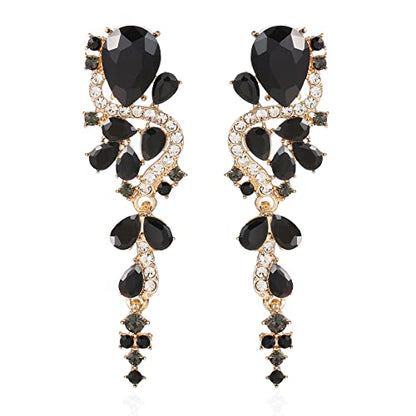 Fashion Rhinestone Statement Drop Dangle Earrings Long Colorful Crystal Bridal Wedding Teardrop Chandelier Earrings for Women Prom Pageant - color: Black
