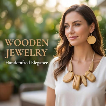 Coiris Chunky Statement Necklace and Earring Sets for Women Boho Wooden Necklaces Earrings Jewelry Set for Women - color: Beige