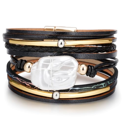 Leopard Bracelet for Women, Boho Leather Wrap Multi-Layer Pearl Crystal Bracelet Bangle Jewelry - color: Black Leather(Pearl)