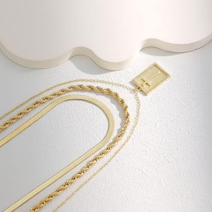 Evabelle Gold Layered Necklace for Women Trendy Jewelry 14K Real Gold Plated Chunky Chain Stackable Necklaces Dainty Choker Necklaces Rectangle Square Pendant - color: Gold Necklace 17