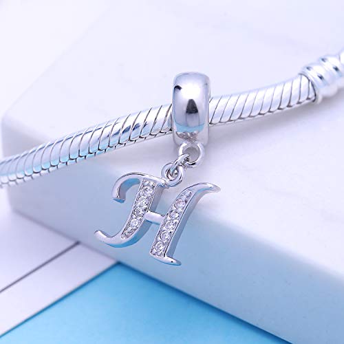 925 Sterling Silver Charms Alphabet Beads fit Pandora Charm Bracelets A-Z Letter Initial Spacer Dangle Clear CZ Stone Authentic for Snake Chain Bracelets - color: H