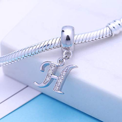 925 Sterling Silver Charms Alphabet Beads fit Pandora Charm Bracelets A-Z Letter Initial Spacer Dangle Clear CZ Stone Authentic for Snake Chain Bracelets - color: H