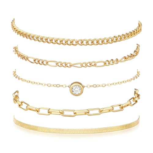 Bracelets for Women, Dainty Stackable Bracelet Stack Sets Tiny Box Chain Adjustable Bracelets Minimalist Cute Jewelry Paperclip Link Layered Waterproof Jewelry Sets Gifts - style: 5-PIECE IMITATION-ZIRCON