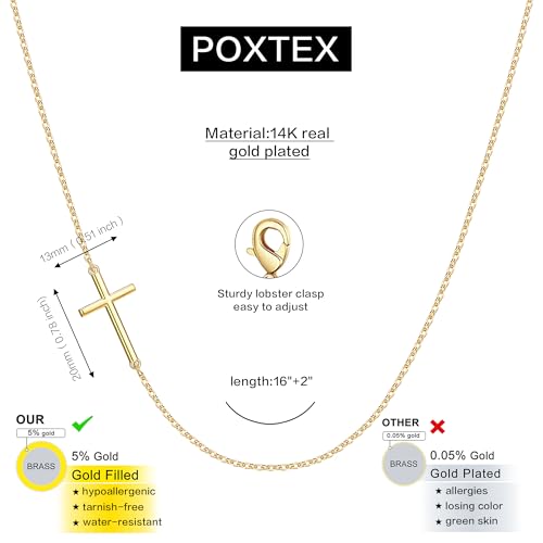 Poxtex Cross Necklace for Women Teen Girls, Dainty 14K Gold Silver Plated Cross Choker Jewelry Non Tarnish Waterproof Cute Simple Small Necklace Christian Baptism Religious Faith Jewelry Gifts - color: 05 Sideways Cross - Gold