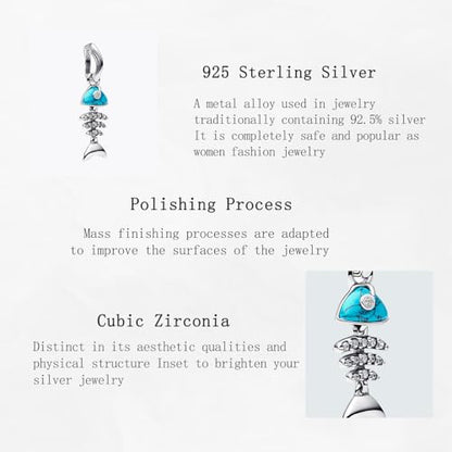 Charms Beads 925 Sterling Silver Animal Heart Flower Friend Dangle Pendant with 5A Cubic fits for Charms Bracelets for Woman Valentine's Day Mother's Day Christmas Graduation Birthday Gift - style: D27-Fish Bone