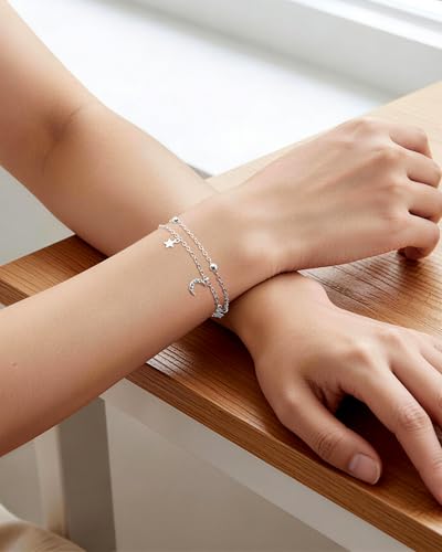 Moon and Star Bracelet for Women Layered Adjustable Satellite Chain Sliver&Gold Star Bracelets Summer Beach Jewelry