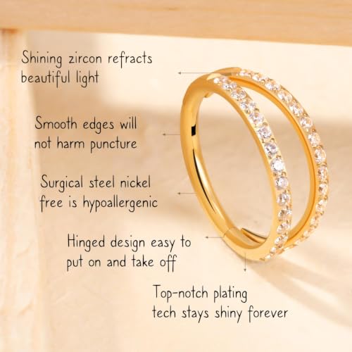 AROWRO Conch Piercing Jewelry Nose Rings Hoops Septum Cartilage Helix Rook | Surgical Steel Gold Silver Cartilage Earrings for Women Tragus Helix Piercing Jewelry 16G 18G 20G With Cubic Zirconia Opal - color: Gold-D1 Clear CZ, size: 20G(0.8mm)-12mm