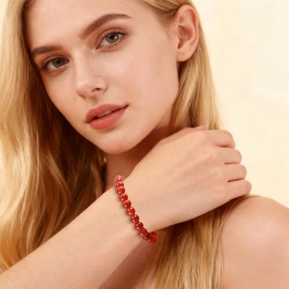 Agate Round Beaded Bracelet for Women Men Natural Agates Stone Healing Bracelets Stretch Elastic Handmade Polished Gemstone Beads Bracelet - color: Red, size: 8mm Beads