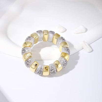 GOOJIDS Simple Beaded Gold Plated Bangles Bracelet Chunky Bamboo Tube Curved Stacking Clear Acrylic Colorful Beads Stretchable Gold Plated Bracelets Set For Women - color: B-Gold&White Leopard