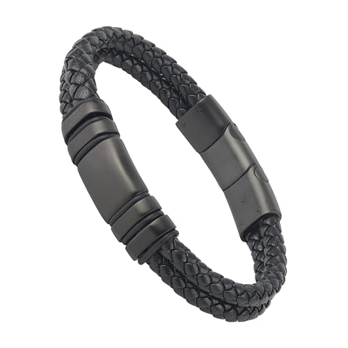 Forge & Foundry Men's Adjustable Black Leather Bracelet | Genuine Woven Leather with Snap Clasp | Design-Led, Artisan Jewelry from London [Navarro] - color: Black - Double Strand, size: Medium