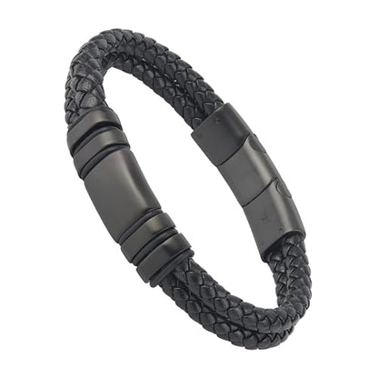 Forge & Foundry Men's Adjustable Black Leather Bracelet | Genuine Woven Leather with Snap Clasp | Design-Led, Artisan Jewelry from London [Navarro] - color: Black - Double Strand, size: X-Large