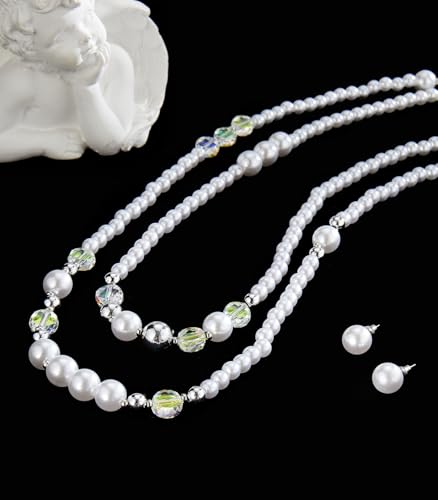 Errally Long Pearl Necklace and Earring Set Layered Pearl Beaded Necklaces for Women White Costume Jewelry Sets Gifts for Mom - color: Crystal