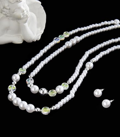 Errally Long Pearl Necklace and Earring Set Layered Pearl Beaded Necklaces for Women White Costume Jewelry Sets Gifts for Mom - color: Crystal