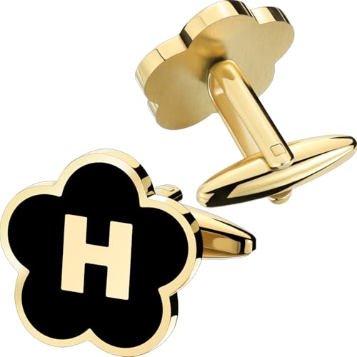 Initial Cufflinks for Mens,Personalized Black Glod Pated Letter Shirts CuffLinks,Stainless Steel Cuff Links, Business Wedding Gift A-Z - style: Letter H