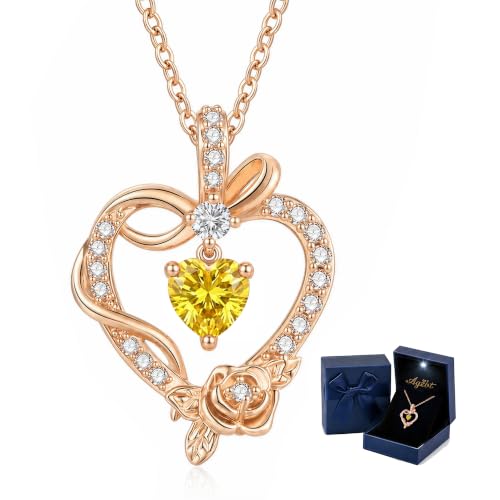 Heart Birthstone Necklace, LED Gift Box | Heart birthstone necklace with rose CZ pendant and LED gift box, ready-to-gift birthday gift for mom, wife, grandma, sister - color: Rose Gold 11-Nov Yellow