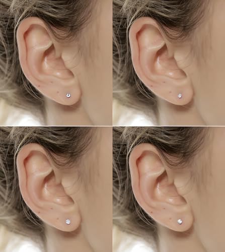 Tornito 24 Pairs Tiny Stud Earrings Stainless Steel Cubic Zirconia Ball Dot Small Cartilage Stud Earrings Set For Women Men Comfy Screw Flat Back For Multiple Piercing 2MM 20G