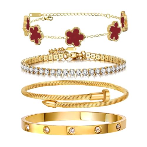 Gold Bracelets for Women, 18K Gold Plated Women Tennis Bracelets Clover Nail Love Bangle Bracelet Set, Gold Bracelet Stackable Set Trendy Jewelry, Gifts for Women's Day and Mother's Day - color: 05-Color-red