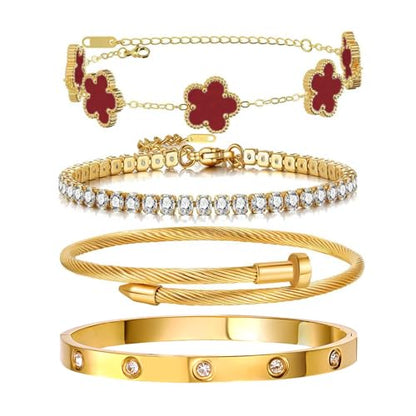 Gold Bracelets for Women, 18K Gold Plated Women Tennis Bracelets Clover Nail Love Bangle Bracelet Set, Gold Bracelet Stackable Set Trendy Jewelry, Gifts for Women's Day and Mother's Day - color: 05-Color-red