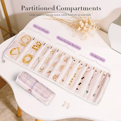 Abiudeng Tweed Travel Jewelry Organizer Roll with 20 Compartments - Rhinestone Button, Anti-Tarnish & Tangle-Free Necklace Storage Bag, Velvet Lined Scratch Protection Case for Women - Purple - color: Purple