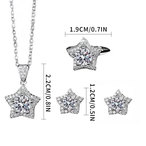 Elegant Jewelry Set Necklace for Women，Adjustable Dainty Cubic Zirconia Trendy Choker Pendant Necklace+Earrings+Ring, Mother's Day Valentine's Day Gifts Pendant Set for Women 3PCS - color: White star