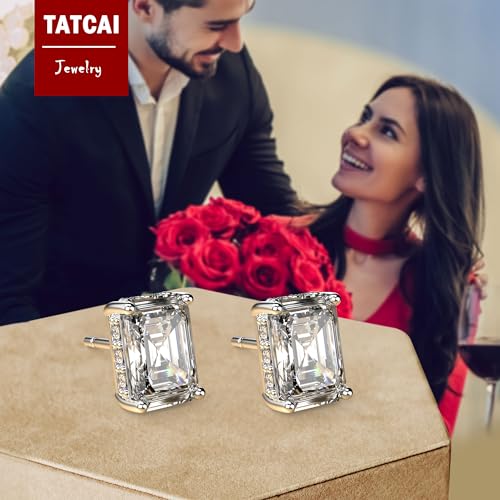 18K White Gold Plated Sterling Silver Emerald Cut Cubic Zirconia Stud Earrings Clear CZ Diamond Stud Earrings for Women Men Hypoallergenic - color: White Gold, size: 4MM*6MM