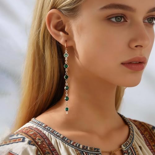 Ruby Crystal Dangle Earrings Red Rhinestone Tassel Drop Earrings Long Cz Chain Tassel Earrings Gold Huggie Hoop Earrings Ruby Wedding Earrings - color: Green