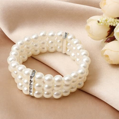 Coolrunner Ladies Faux Pearls Accent Off White Stretch Wrist Bracelet Jewelry (Pearl style3) - style: Style 1