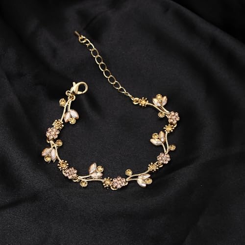 Elegant Brides Austrian Crystal Flower Choker Necklace Drop Dangle Earring Bracelet Wedding Jewelry Set for Bridesmaid Prom Costume Jewelry Set for Women - color: Champagne-Gold Plated