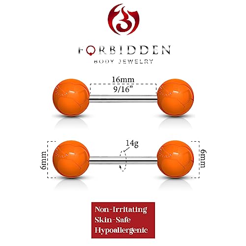 Forbidden Body Jewelry 14 g 16 mm Stainless Steel Nipple or Tongue Ring Barbell Set with Acrylic Balls (Choose Color) - style: Orange