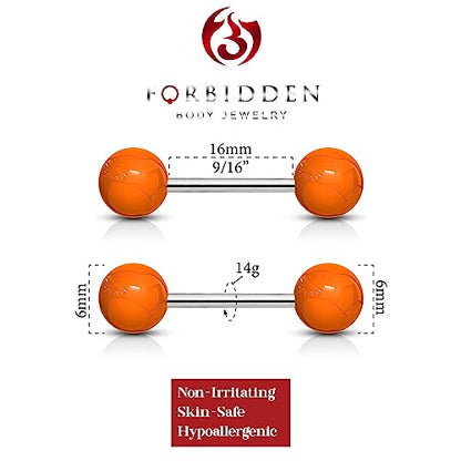 Forbidden Body Jewelry 14 g 16 mm Stainless Steel Nipple or Tongue Ring Barbell Set with Acrylic Balls (Choose Color) - style: Orange