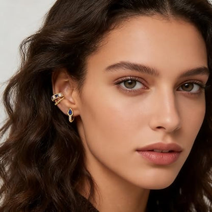 Bemoly Ear Cuff Earrings for Women 14K Gold Plated Cubic Zirconia Dangle Huggie Ear Cuffs Non Piercing | Clip On Cartilage - style: D-Blue CZ-Pair