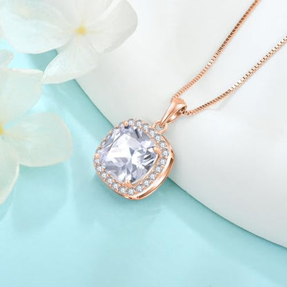 Birthstone Necklace for Women 925 Sterling Silver Princess Cut Halo Necklace Pendant Jewelry for Mom Wife - color: Rose Gold