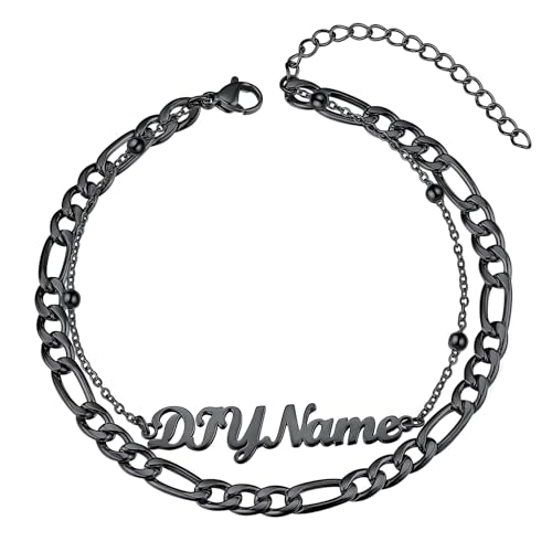 ChainsHouse Double Layer Anklet Bracelet for Women,Adjustable Chain Anklets Stackable Dainty Anklets,Stainless Steel/Gold Plated/Black Ankle Jewelry Gifts - color: C-Black-Figaro Chain