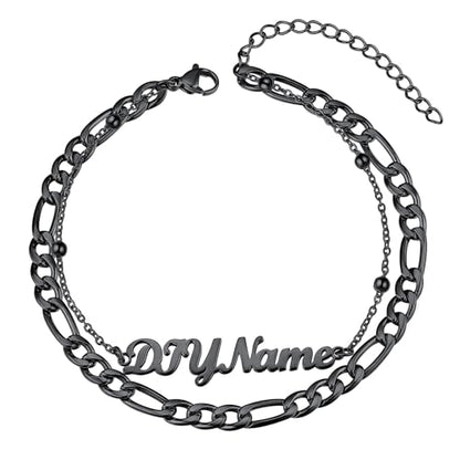 ChainsHouse Double Layer Anklet Bracelet for Women,Adjustable Chain Anklets Stackable Dainty Anklets,Stainless Steel/Gold Plated/Black Ankle Jewelry Gifts - color: C-Black-Figaro Chain