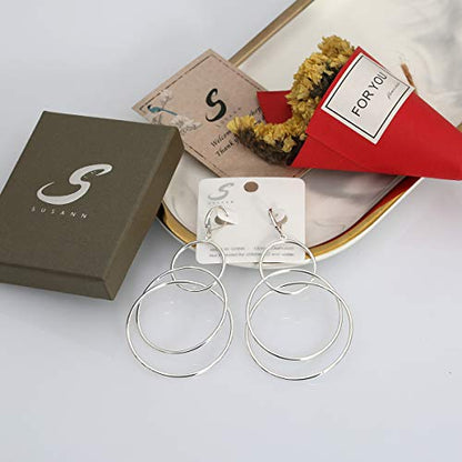Dangle Hoop Earrings for Women, 14k Gold/Silver Plated High Polished Cute & Aesthetic Earrings for Women - color: Silver-03