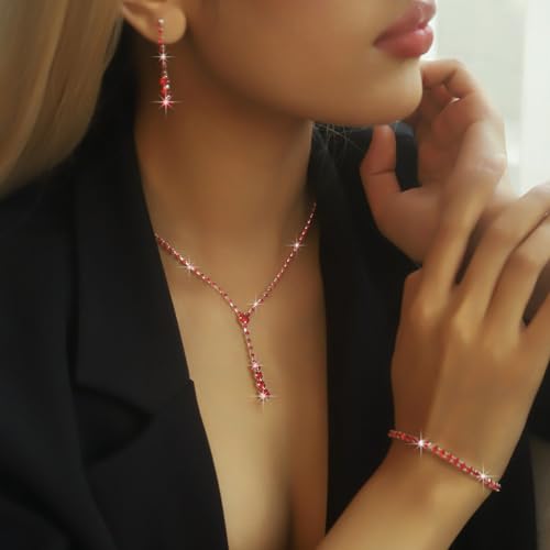 Gold Jewelry Set for Prom,Pearl Necklace Earrings Bracelet Crystal Bridal Wedding Prom Dresses Costume Jewelry Accessories Rhinestone Bridal Jewelry Set for Women - color: Red
