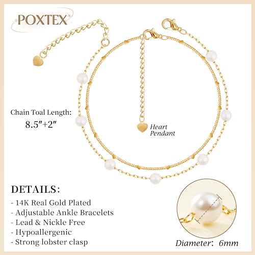 Gold/Sterling Silver Anklet Bracelets for Women Waterproof, Non Tarnish 925 Sterling Sliver Plated Heart Evileye Butterfly Charm, Dainty Summer Beach Anklets for Women, Beach Vacation Bikini Outfits for Her Mom - style: Pearl-Gold