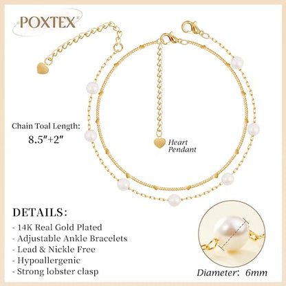 Gold/Sterling Silver Anklet Bracelets for Women Waterproof, Non Tarnish 925 Sterling Sliver Plated Heart Evileye Butterfly Charm, Dainty Summer Beach Anklets for Women, Beach Vacation Bikini Outfits for Her Mom - style: Pearl-Gold