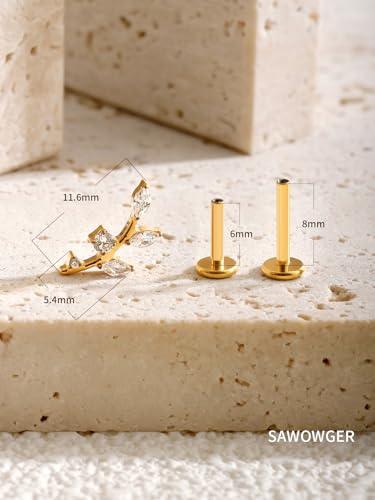 16G Titanium Flat Back Earrings for Women Conch/Helix/Foward Helix/Tragus/Hypoallergenic Piercing Jewelry Internal Thread Cartilage Stud Gold Silver CZ Branch Earrings - color: Gold-For Wearer Left Ear